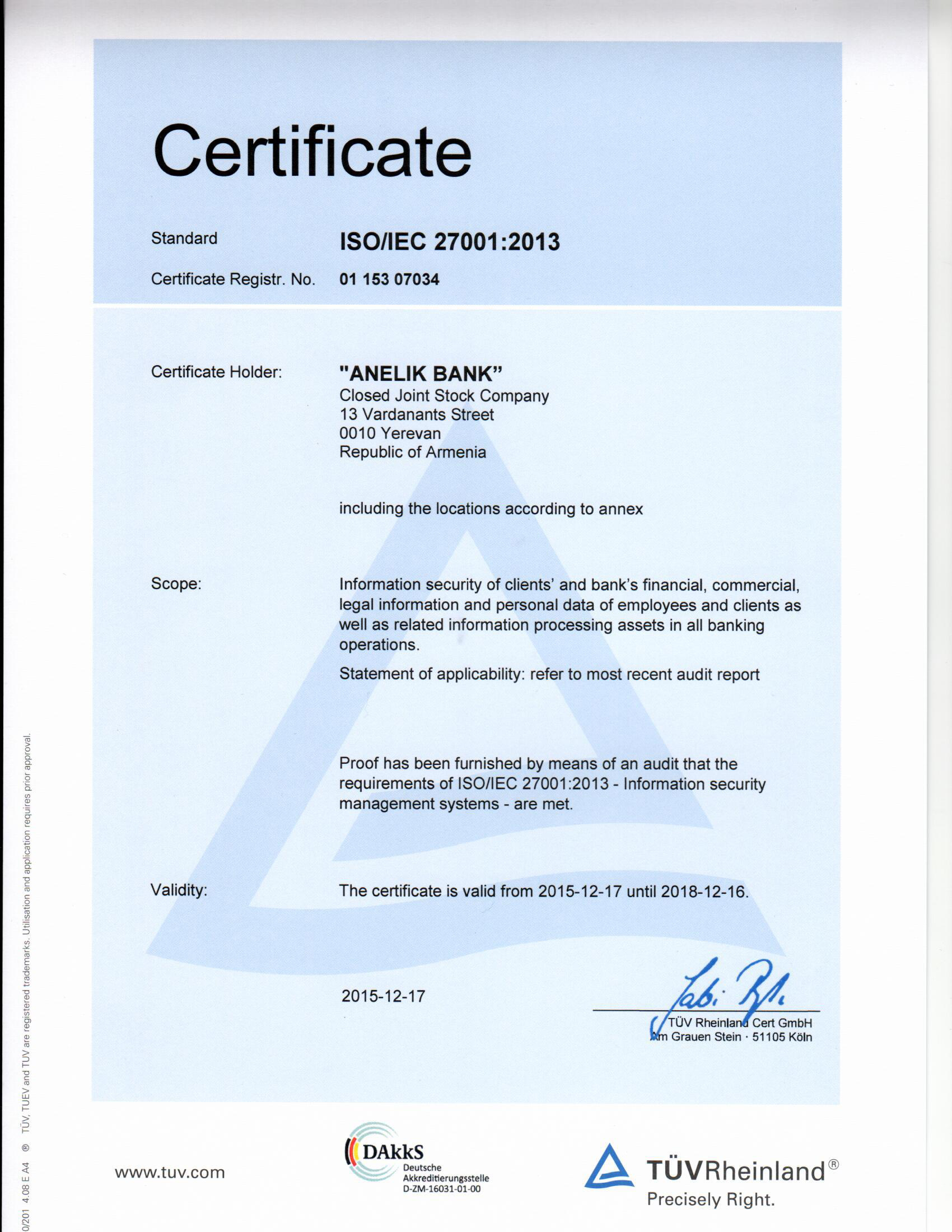 Anelik Bank receives certificate of compliance with ISO/IEC 27001:2013 international standard