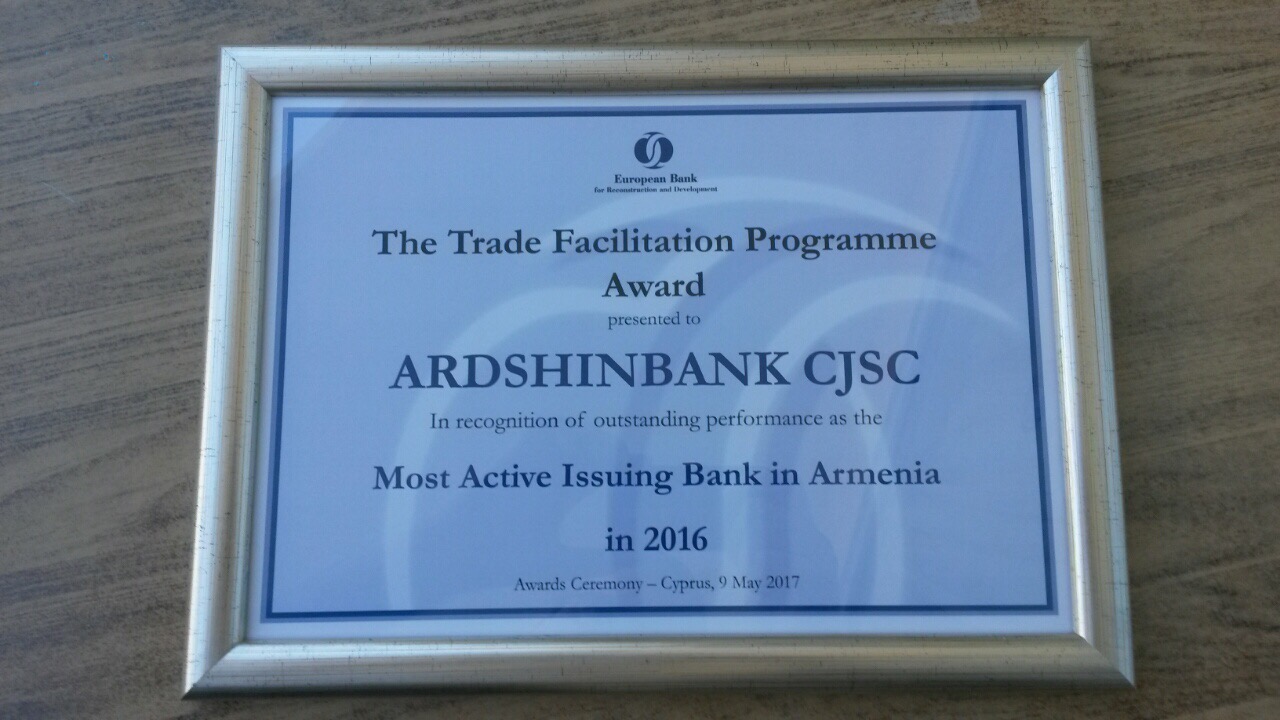 ARDSHINBANK wins the most active issuing bank in Armenia in 2016 award from EBRD